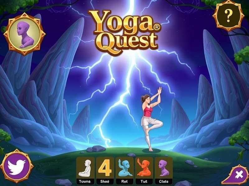 Yoga Lightning Quest game screenshot showing a character performing yoga poses in a mystical landscape